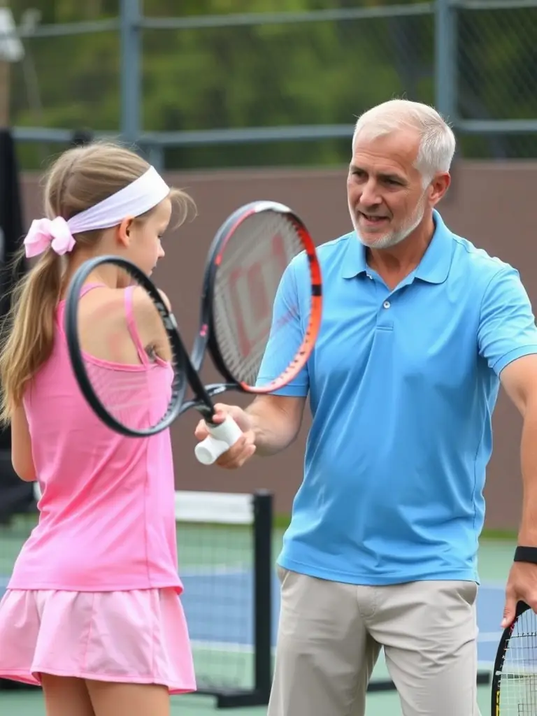 A coach working individually with a player on their backhand technique, highlighting personalized training and skill development.
