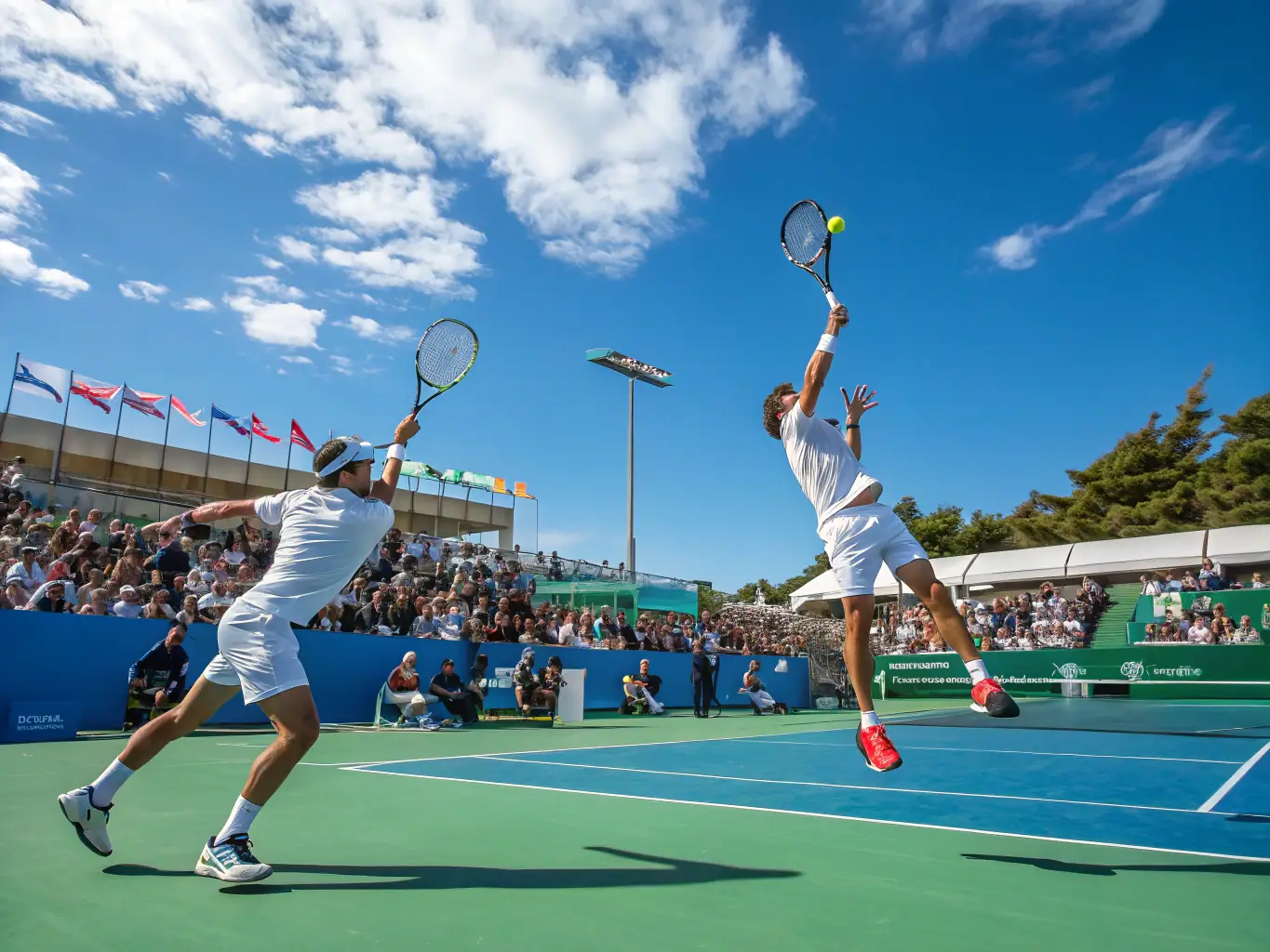 An action shot of adult players engaged in a competitive tennis match, showcasing skill and intensity.