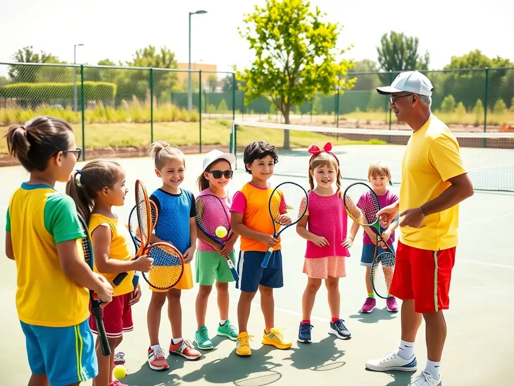 A vibrant image of young children participating in a beginner's tennis lesson on a sunny court, focusing on fun and engagement.