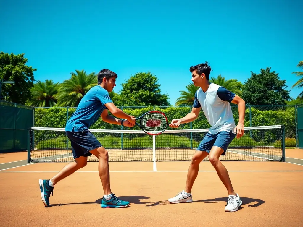 An action shot of adults engaged in a competitive tennis match, highlighting the intensity and camaraderie of adult leagues.