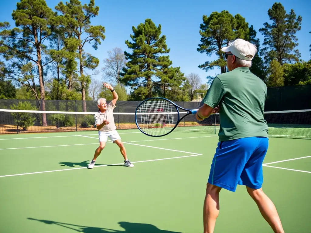 A relaxed image of people enjoying a casual tennis game, emphasizing the social and recreational aspects of the sport.