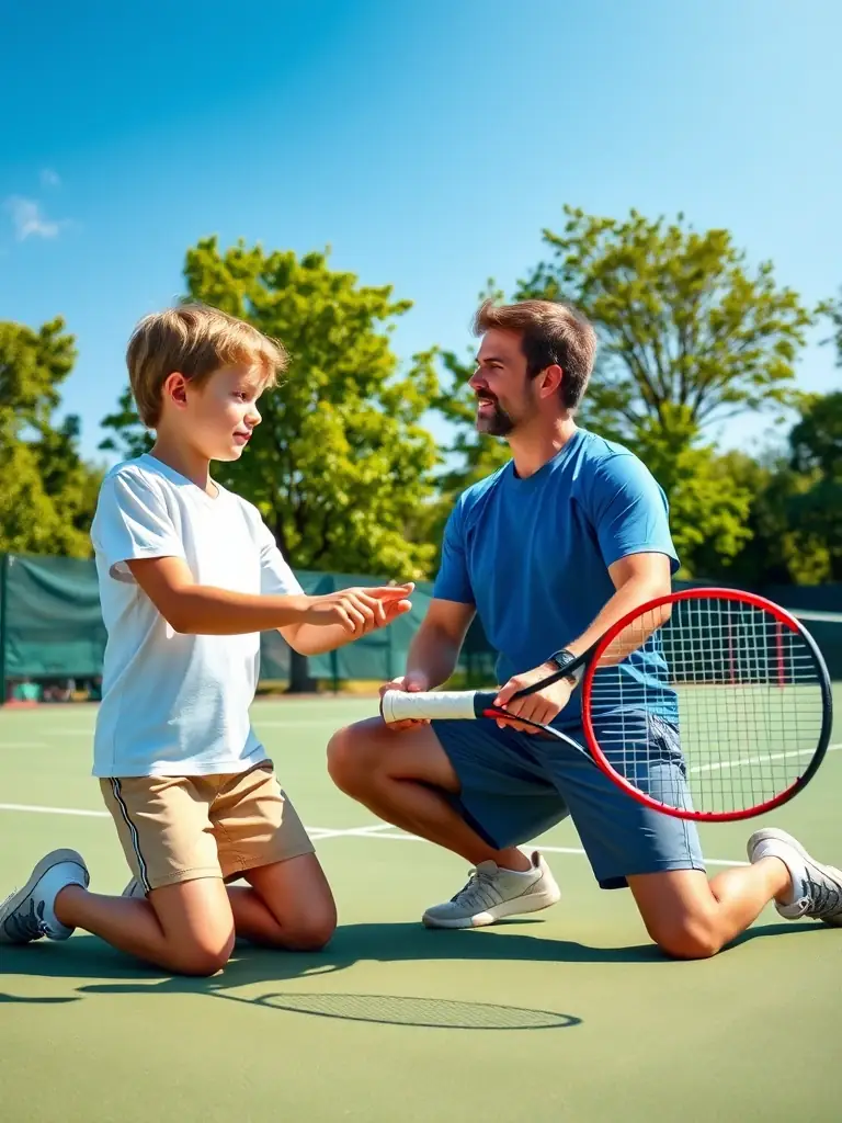 A coach providing personalized tennis instruction to an individual player at CDS Lioran Club Sports Tennis, focusing on technique and strategy.