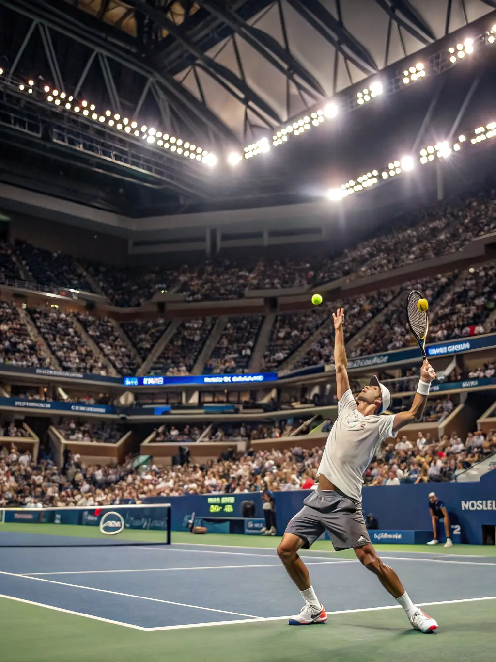 A dynamic shot of a tennis player serving during a local club competition, showcasing the intensity and skill involved in competitive play.