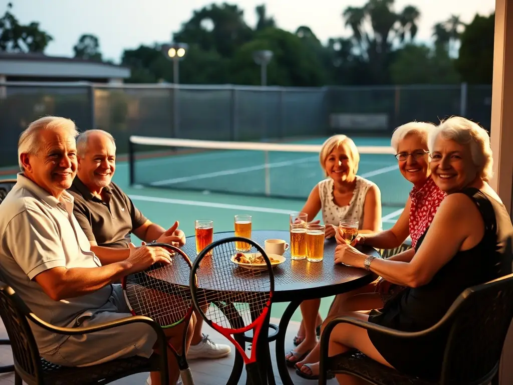 A group of tennis players of various ages laughing and socializing off the court, showcasing the club's friendly and inclusive atmosphere.