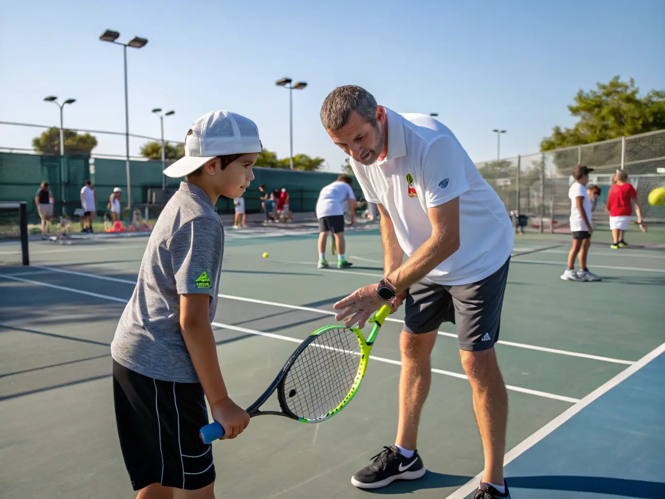 A coach providing personalized instruction to a young tennis player, demonstrating the club's commitment to individual development.