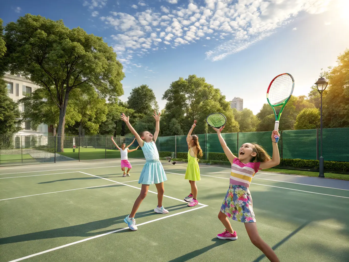 A dynamic image of children participating in a tennis clinic, showcasing the energy and fun of the Youth Tennis Training Program.