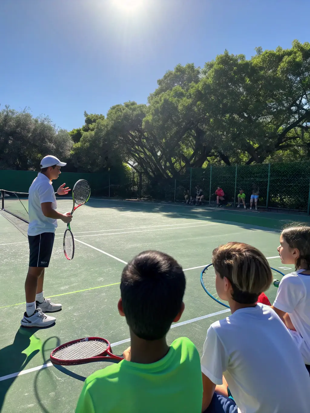 A group of young tennis players participating in a training session on a sunny outdoor court, focusing on forehand technique, with a coach providing guidance.