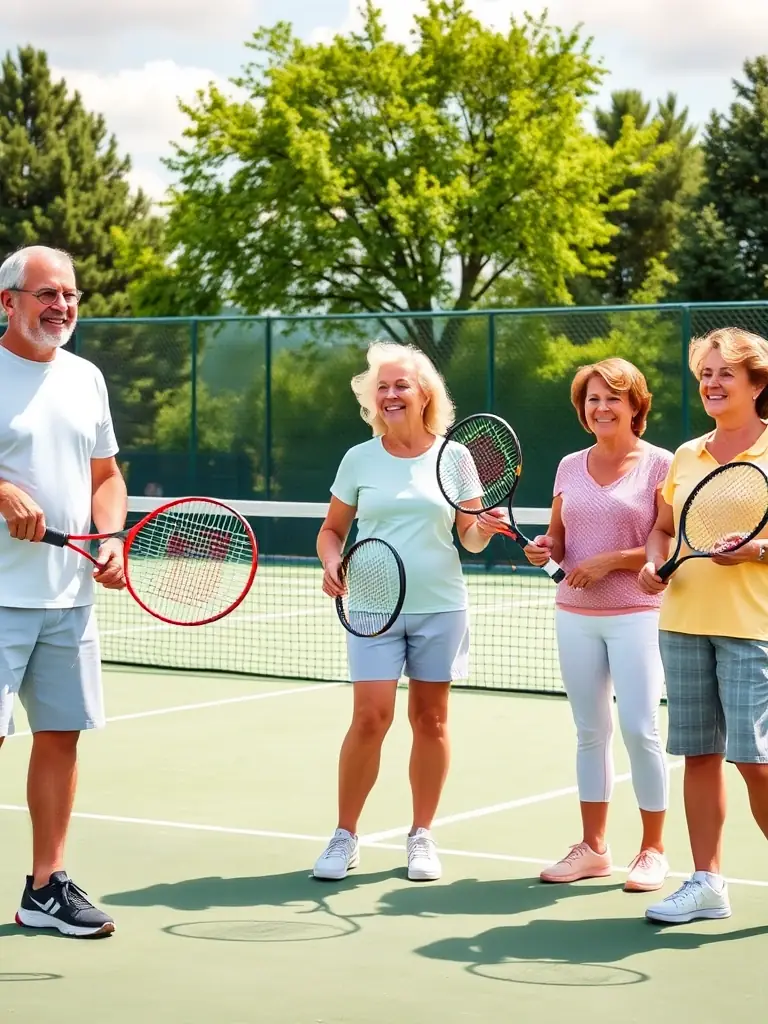 A diverse group of adults enjoying a casual tennis match on a well-maintained court, emphasizing the social and recreational aspect of the sport.