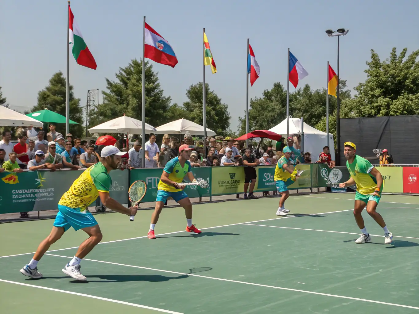 A diverse group of tennis players participating in a friendly match, highlighting the club's emphasis on fair play and sportsmanship.