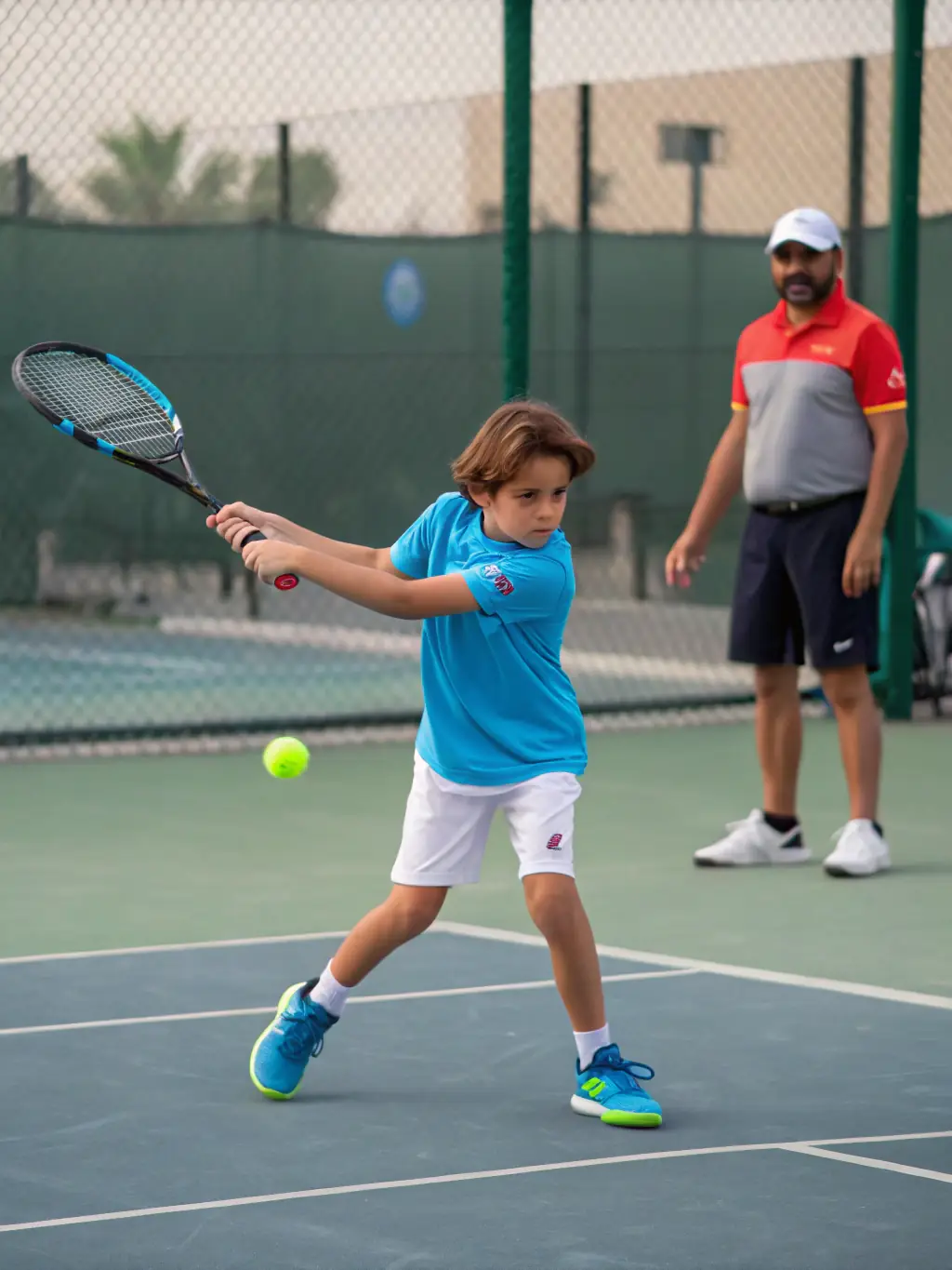 A young tennis player in action, demonstrating a forehand stroke during a youth training session at CDS Lioran Club Sports Tennis.